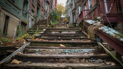 A row of dilapidated wooden stairs leads up to a row of decaying townhouses. Despite their worn appearance the steps are still used daily by the residents who call this urban