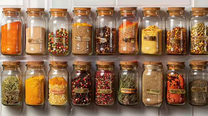 Neatly Arranged Spice Rack with Clearly Labeled Jars