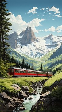 realistic A train in beautiful mountains by an oil painting, in the style of realistic swiss style Generative AI