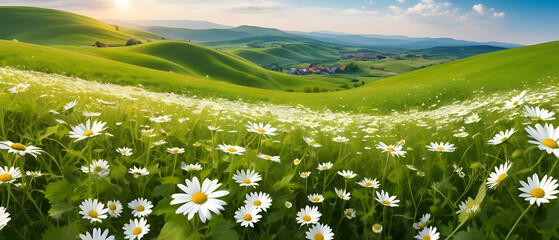 Beautiful blooming field of daisies in the grass in the hilly countryside. Spring and summer natural panoramic pastoral landscape - obrazy, fototapety, plakaty