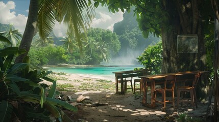 Unconventional Education: Classroom on a Deserted Island with Empty Chairs and Table by the Shoreline under the greenery having dramatic sea view.

 - obrazy, fototapety, plakaty
