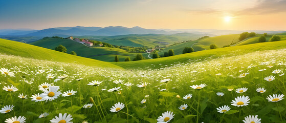 Beautiful blooming field of daisies in the grass in the hilly countryside. Spring and summer natural panoramic pastoral landscape - obrazy, fototapety, plakaty