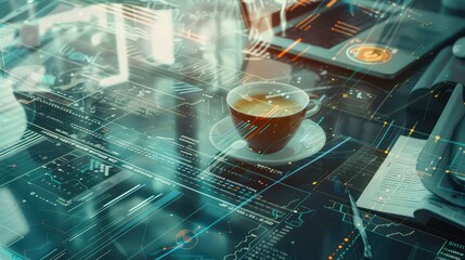 Multi exposure of technology theme drawing and desktop with coffee and items on table background. Concept of data research,Double exposure of desktop computer and technology theme hologram. - obrazy, fototapety, plakaty