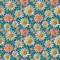 Floral embroidery daisy flower,from knitting wool, seamless .