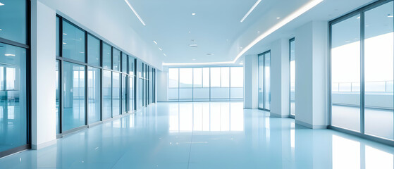 A spacious office or mall hallway. Beautiful light blue blurred background panoramic image