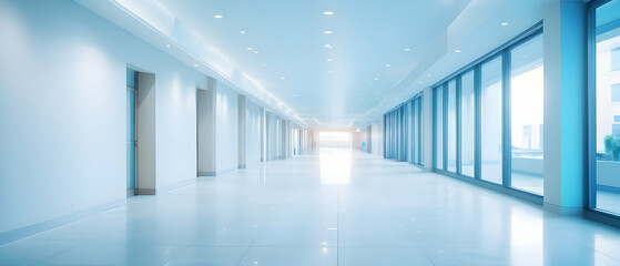 Fototapeta premium A spacious office or mall hallway. Beautiful light blue blurred background panoramic image