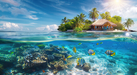 Fototapeta na wymiar Beautiful tropical island with clear blue water and fish swimming underwater.
