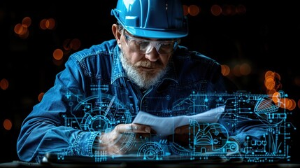 Obraz na płótnie Canvas Engineer checks blueprints digitally