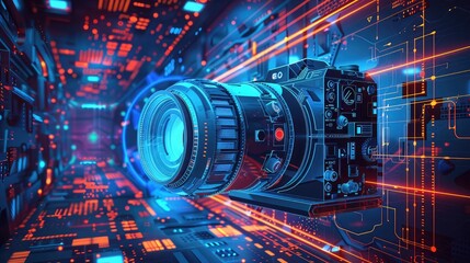 Digital photography, lens of a black camera with reflections and flares against a dark background, technical equipment for business and art, copy space, selected focus, narrow depth of field
