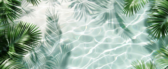 Beach palm leaves reach the edge of a pool, characterized by hyperrealistic marine life, light white and green hues, and organic material.