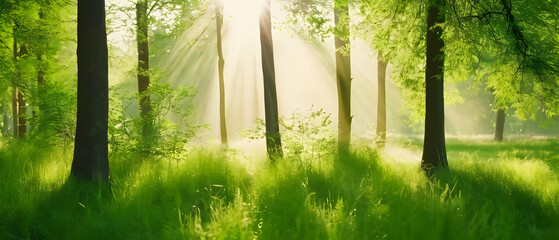 Beautiful summer spring natural background. Green trees in forest park with wild grass and sunbeams.