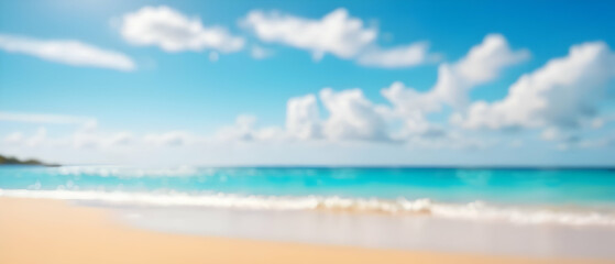 Fototapeta premium Abstract defocused background. Tropical summer beach with golden sand, turquoise ocean and blue sky with white clouds on bright sunny day. Summer holidays concept.