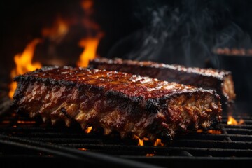 Juicy smoked bbq ribs on fire grill, delicious restaurant food menu - obrazy, fototapety, plakaty