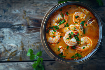 traditional soup thailand tom yam spicy with shrimps on wooden background - obrazy, fototapety, plakaty