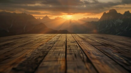Fototapeta na wymiar A wooden floor with a mountain landscape at sunset, depicted in a green and brown hue with tabletop photography