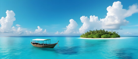 Natural landscape summer vacation. Boat in turquoise ocean water against blue sky with white clouds and tropical island, panoramic view