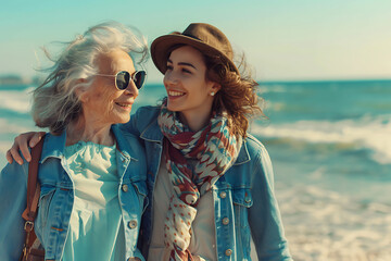 grandmother and granddaughter walking along the seashore together on vacation on a summer sunny day, active healthy lifestyle outdoors with family