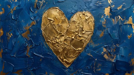 A heart in gold on blue in an oil painting, characterized by large canvas paintings, expressive brush strokes, and embossed gold leaf.