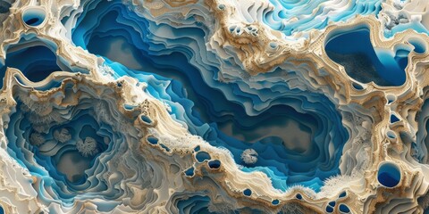 An ocean texture is visualized, styled with abstract organic shapes, surreal 3d landscapes, and vibrant illustrations in blue and beige.