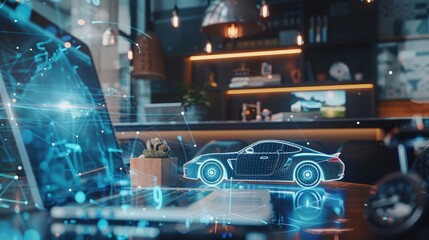 Side view of modern workplace with car network on laptop computer screen and clock. App concept,Automobile theme drawing with businessman working on computer on background. Autopilot taxi concept. 