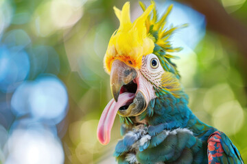 A hilarious close-up of a goofy parrot with a cockatoo crest, making a silly face - obrazy, fototapety, plakaty