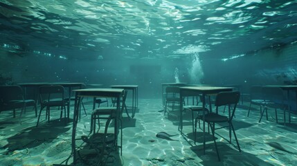 Drowned Classroom: Underwater Setting with Sunken Tables and Chairs

