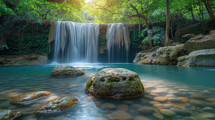 Fototapeta na wymiar Beautiful waterfall in the forest. Created with Ai