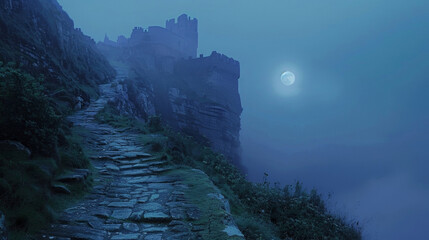 A winding path leads up to a castle perched high atop a cliff illuminated by the ethereal glow of a blue moon. . .