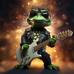 3D Cartoon frog rock star guitar playing