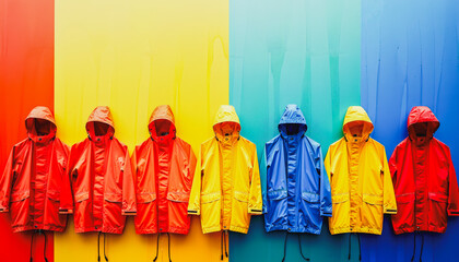 a colorful raincoat. arranged in a row in the middle with colorful background