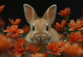 Cute orange rabbit surrounded flowers, closeup portrait. Created with Ai