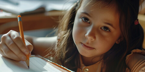 a close up of a young girl writing in her notebook, holding a pencil, generative AI