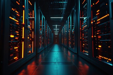 Modern Data Technology Center with Server Racks in Dark Room Illuminated by Neon Lights &ndash; High-Tech Infrastructure for Cloud Computing, Networking, and IT Security. Generative AI