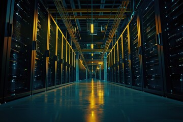 Modern Data Technology Center with Server Racks in Dark Room Illuminated by Neon Lights &ndash; High-Tech Infrastructure for Cloud Computing, Networking, and IT Security. Generative AI