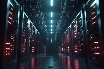 Modern Data Technology Center with Server Racks in Dark Room Illuminated by Neon Lights &ndash; High-Tech Infrastructure for Cloud Computing, Networking, and IT Security. Generative AI