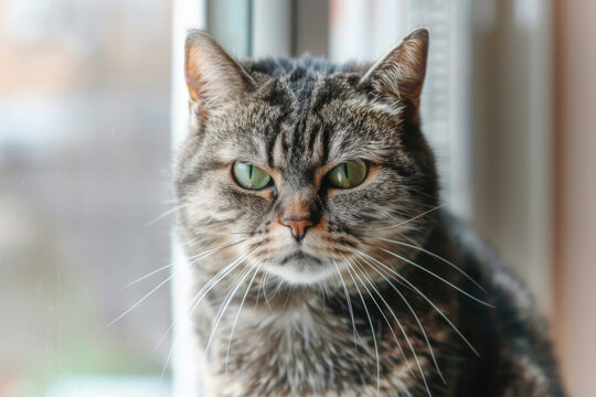 A hilarious close-up of a grumpy-looking cat with a permanent frown