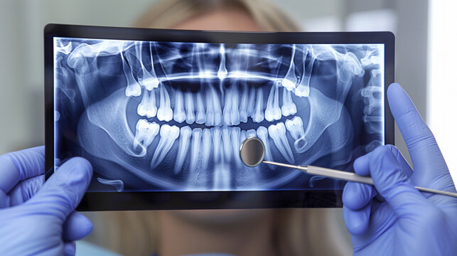 " 患者越しに歯のレントゲン写真を持つ女性歯科医の手 "<AI生成素材>