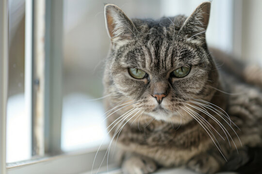 A hilarious close-up of a grumpy-looking cat with a permanent frown