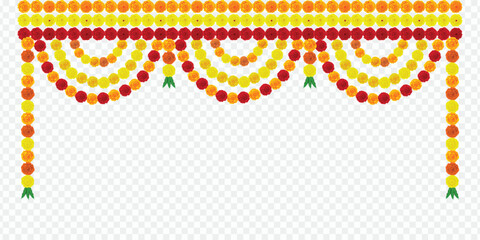Toran marigold, Traditional indian, marigold, durga puja, Vector marigold, decoration, flower, ganapati. diwali. karwa choth. dasara onam indian festivals on. transparent, background PNG,  - obrazy, fototapety, plakaty