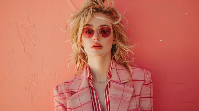 A woman in a pink jacket and sunglasses is posing for a photo
