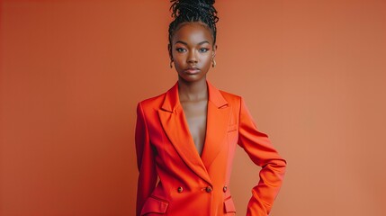 Obraz premium A woman in a red suit stands in front of a red background