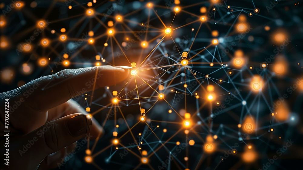 Poster a hand is pointing at a network of glowing dots