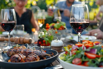 Elegant Table Setting with Gourmet Food and Wine, Soft Sunset Lighting, and Shallow Depth of Field &ndash; Warm Ambiance for Celebration, Luxury Dining, and Social Gathering. Generative AI