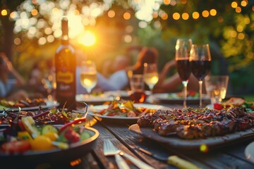 Elegant Table Setting with Gourmet Food and Wine, Soft Sunset Lighting, and Shallow Depth of Field &ndash; Warm Ambiance for Celebration, Luxury Dining, and Social Gathering. Generative AI