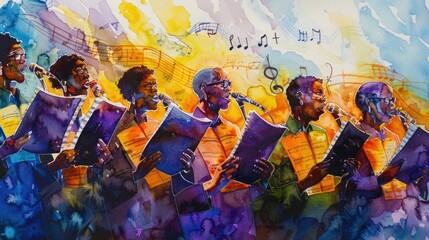 A watercolor artwork showing a choir in full song, with music notes floating around, illustrating the harmony of collective performance. - obrazy, fototapety, plakaty