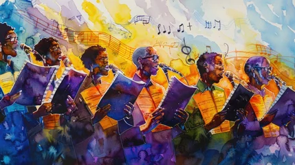 Foto op Canvas A watercolor artwork showing a choir in full song, with music notes floating around, illustrating the harmony of collective performance. © mariiaplo