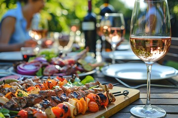 Elegant Table Setting with Gourmet Food and Wine, Soft Sunset Lighting, and Shallow Depth of Field &ndash; Warm Ambiance for Celebration, Luxury Dining, and Social Gathering. Generative AI