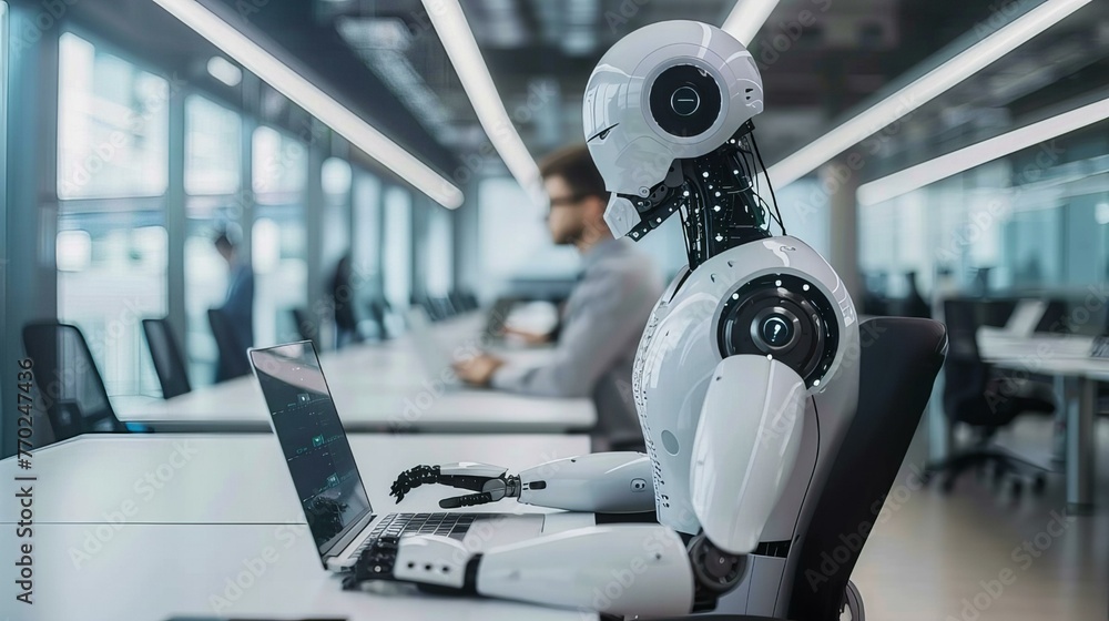 Poster a robot is sitting at a desk with a laptop in front of it