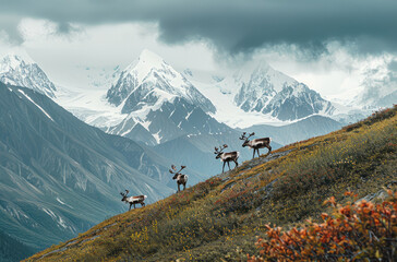 Reindeer on the Mountain Top in Alaska, USA with snowcapped mountains and reindeer grazing behind it - Powered by Adobe