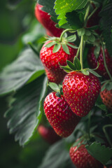 Vivid close-up of ripe red strawberries with textured detail and green leaves